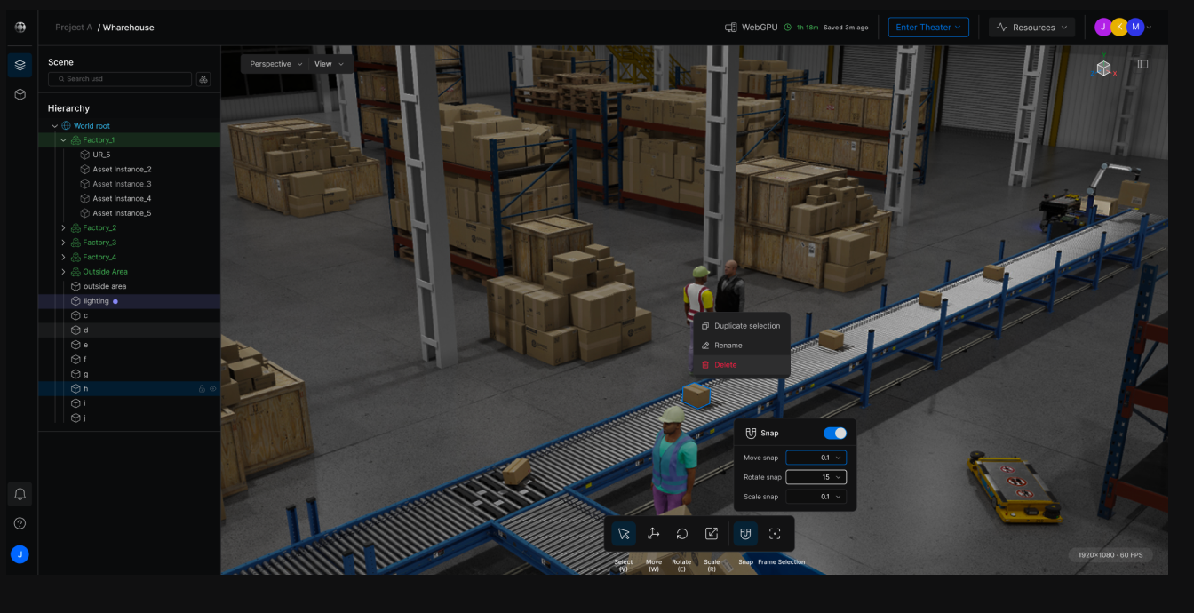 Cosmic Studio: a warehouse Robot World with its scene hierarchy, a selected object's menu and snap settings.