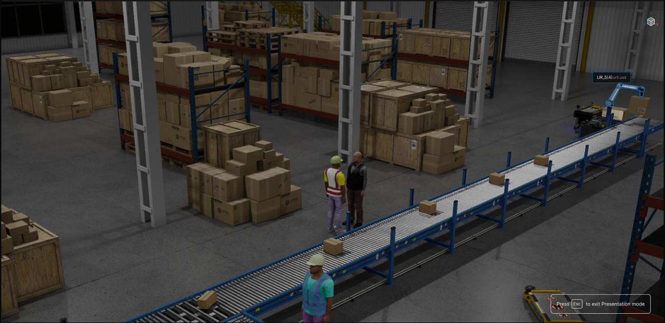 Cosmic Theater in presentation mode: workers and a robot arm along a conveyor in a warehouse.