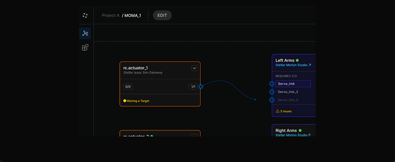 Stellar in Edit mode: nodes and connections being configured.