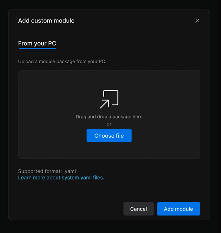 The Add custom module dialog: upload a module package from your PC.