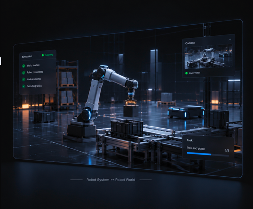 A robot arm picking and placing boxes in a Cosmic world, with simulation status, a camera view and task progress.