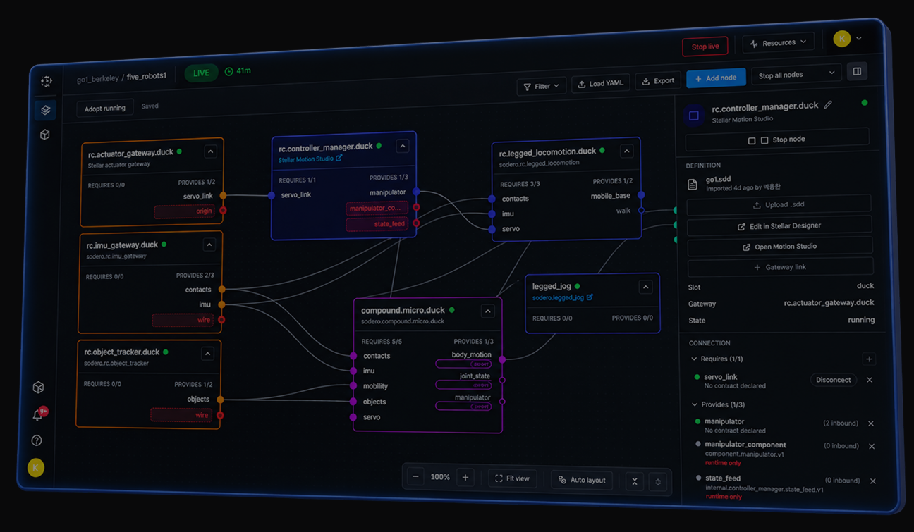 Stellar Station: a Robot System's gateway, controller and compound nodes connected on the canvas, with the selected node's settings.